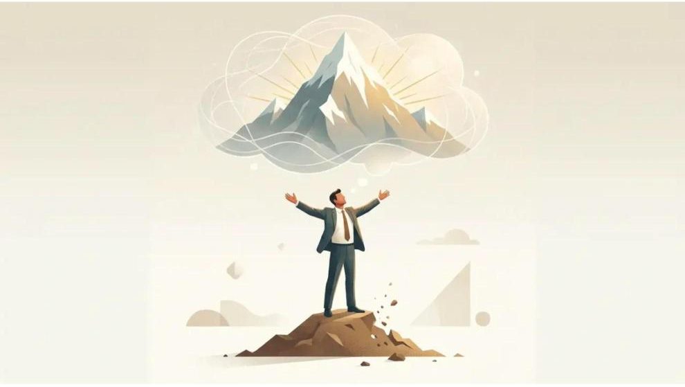 A confident businessman standing on a small mound of dirt imagining he is on a towering mountain peak, illustrating overconfidence and the Dunning-Kruger effect