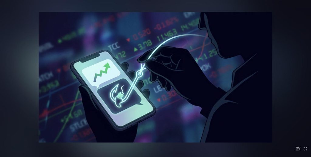 Stock market hot tip shown as a baited fish hook on a phone, symbolising a trap for retail investors