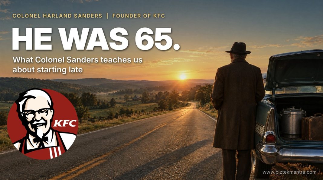 Colonel Harland Sanders, founder of KFC, standing beside his car with a pressure cooker on an open highway at sunset - He was 65