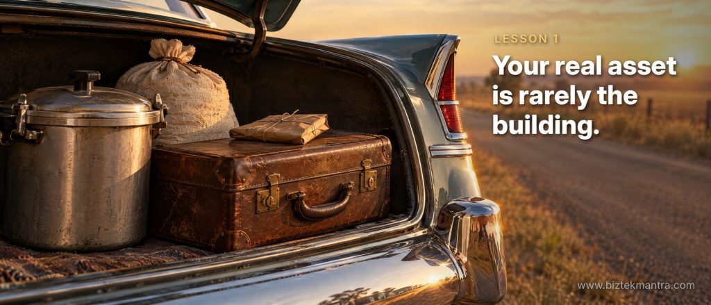 Vintage car trunk with a pressure cooker, flour sack and suitcase - Lesson 1: Your real asset is rarely the building