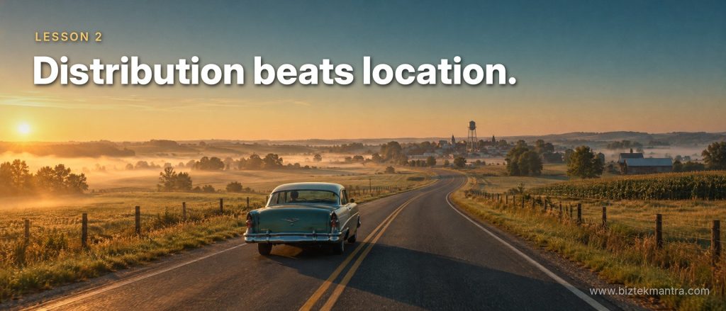 Vintage car driving on a country road towards a small town at sunrise - Lesson 2: Distribution beats location